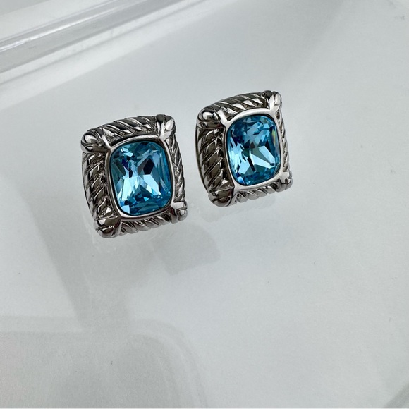 Vintage 90s DSMK Faceted Aqua CZ Silver Plated Stud Earrings - Picture 5 of 11